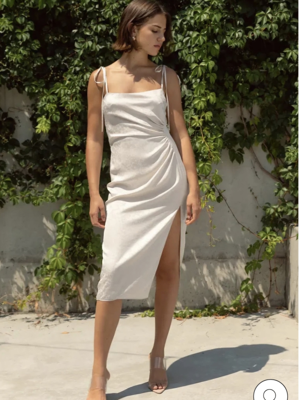 Jenny Yoo Cream Satin Midi Dress with Drape and Slit